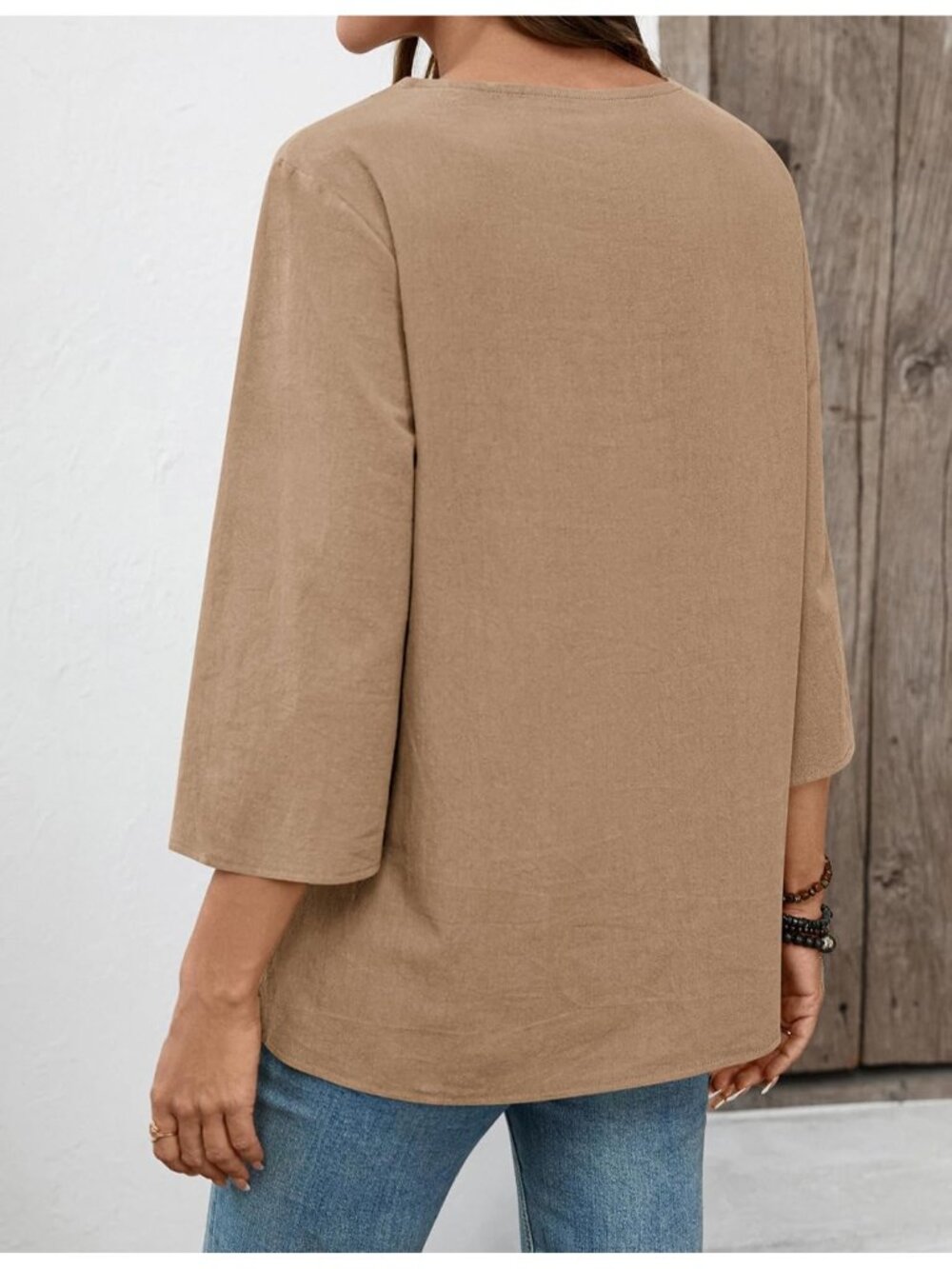 Womens Dark Khaki V Neck Pull On Loose Fit Blouses Sleeve Top Cotton Linen Shirt - Picture 4 of 5